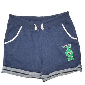 Tommy Girl Blue Sweat Shorts Lounge Drawstring Pockets Striped Hem Womens Size L